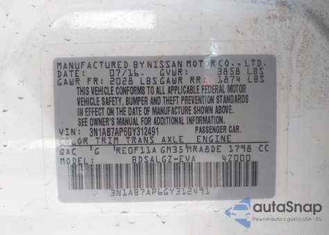 2016 Nissan Sentra Sl from USA, damaged, VIN 3N1AB7AP6GY312491